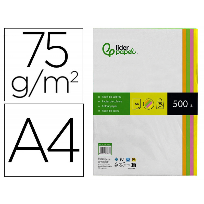 Papier couleur néon liderpapel multifonction a4 75g 4 coloris assortis néons jaune orange rose vert 500f