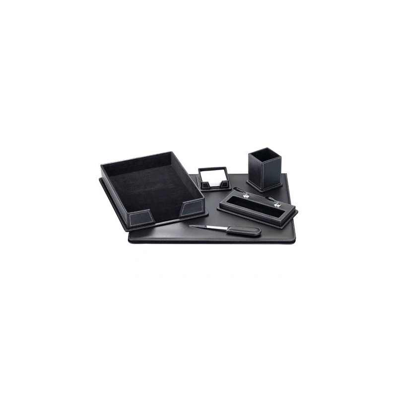 Ensemble bureau 6 pièces similicuir sous-main ouvre-lettres porte-notes corbeille porte stylo pot crayons 40x50cm noir
