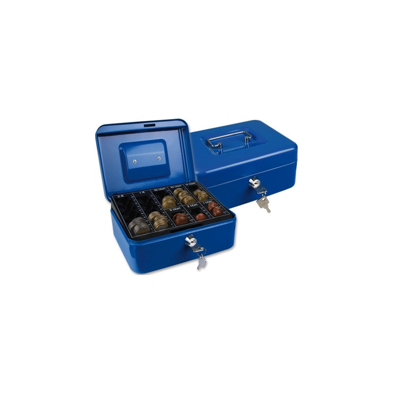 Caisse monnaie q-connect structure acier 0.8mm épaisseur plateau amovible espace billets 200x160x90mm coloris bleu