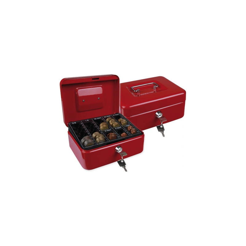 Caisse monnaie q-connect structure acier 0.8mm épaisseur plateau amovible espace billets 200x160x90mm coloris rouge