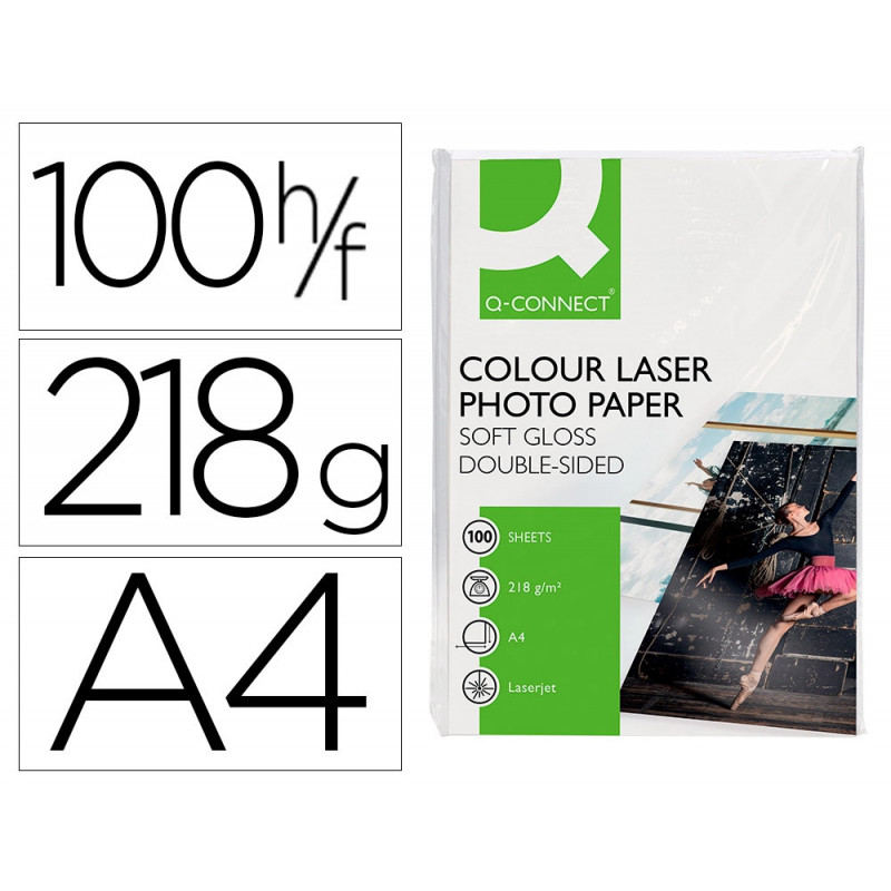 Papier photo q-connect laser semi glacé brillant a4 218g/m2 compatible toutes imprimantes paquet 100 feuilles