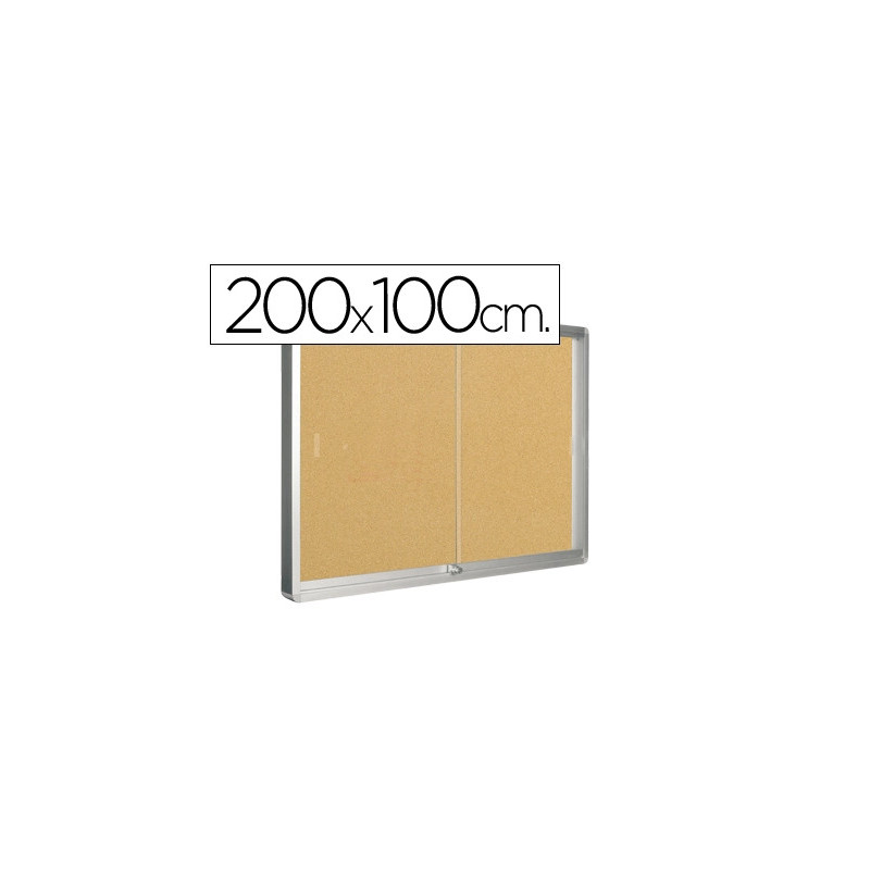 Vitrine q-connect cadre aluminium fond liège portes coulissantes méthacrylate serrure fixation mur 24f a4 200x100x6cm