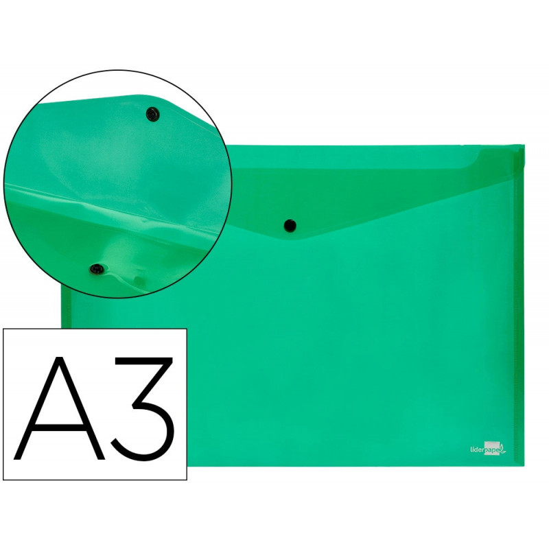 Pochette enveloppe liderpapel polypropylène 180 microns a3 420x297mm 50f fermeture bouton résistant transparent vert