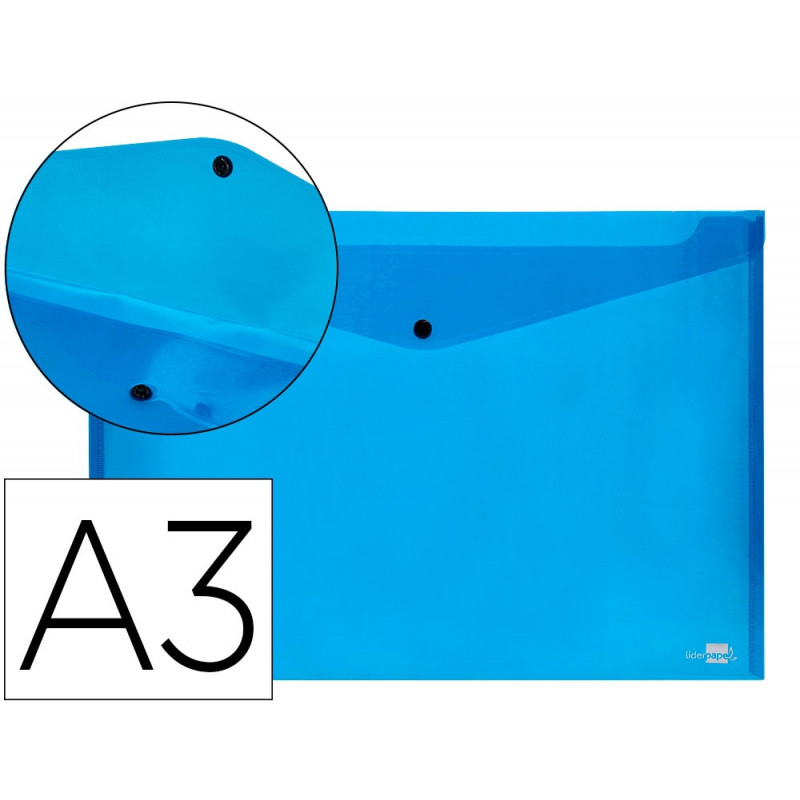 Pochette enveloppe liderpapel polypropylène 180 microns a3 420x297mm 50f fermeture bouton résistant transparent bleu