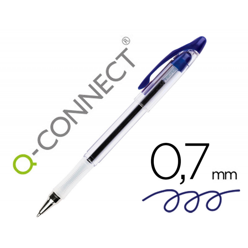 Stylo-bille q-connect transparent trait 0.4mm pointe moyenne 0.7mm encre douce grip caoutchouc coloris bleu