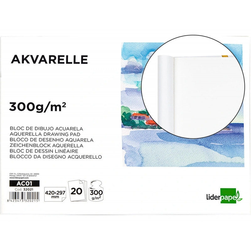 Bloc dessin liderpapel aquarelle encollé papier grain moyen lisse 300g/m2 format a3 420x297mm 20f