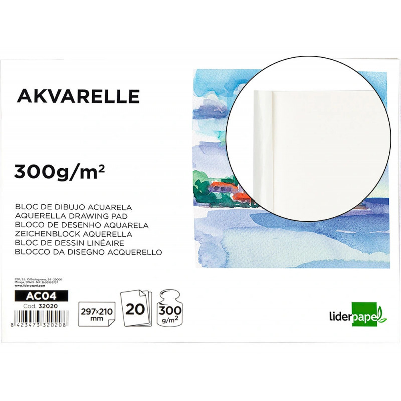 Bloc dessin liderpapel aquarelle encollé papier grain moyen lisse 300g/m2 format a4 297x210mm 20f