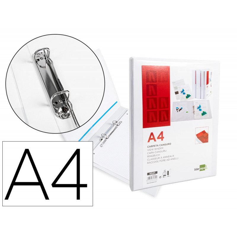 Classeur kangourou liderpapel 2 anneaux 16mm 283x320mm document a4 plastique dos 28mm coloris blanc