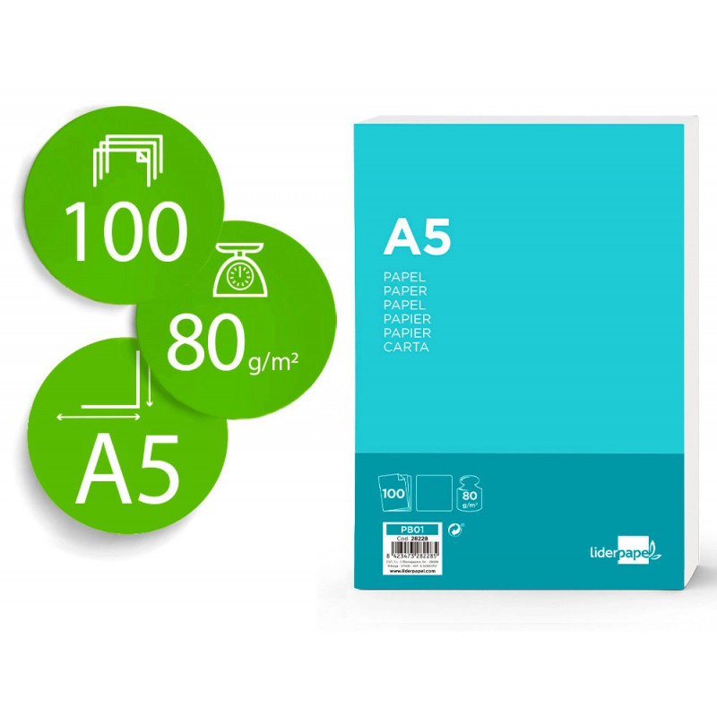 Papier écriture liderpapel a5 148x210mm blancheur extra opacité 80g/m2 paquet 100 feuilles