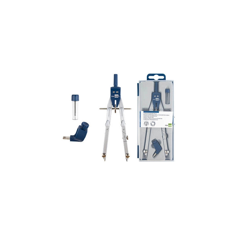 Compas liderpapel micrométrique articulé 2 branches circonférence 38cm touche réglage rapide bague mine 2mm étui