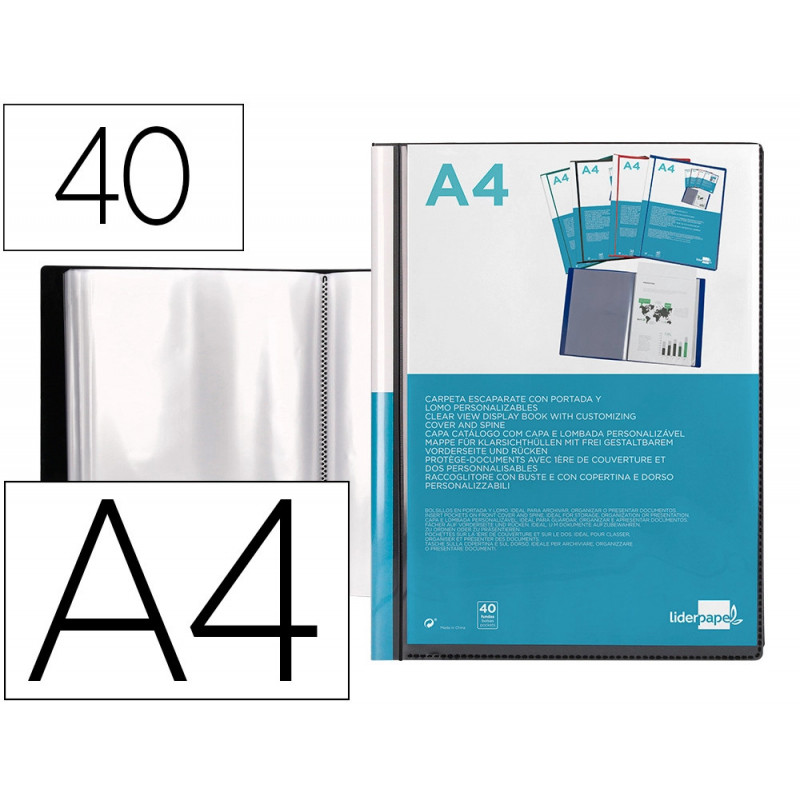 Protège-documents liderpapel personnalisable kangourou polypropylène 40 pochettes fixes a4 210x297mm coloris noir