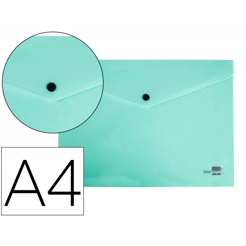 Pochette enveloppe liderpapel polypropylene 180 microns a4 97x210mm 50f fermeture bouton vert pomme opaque