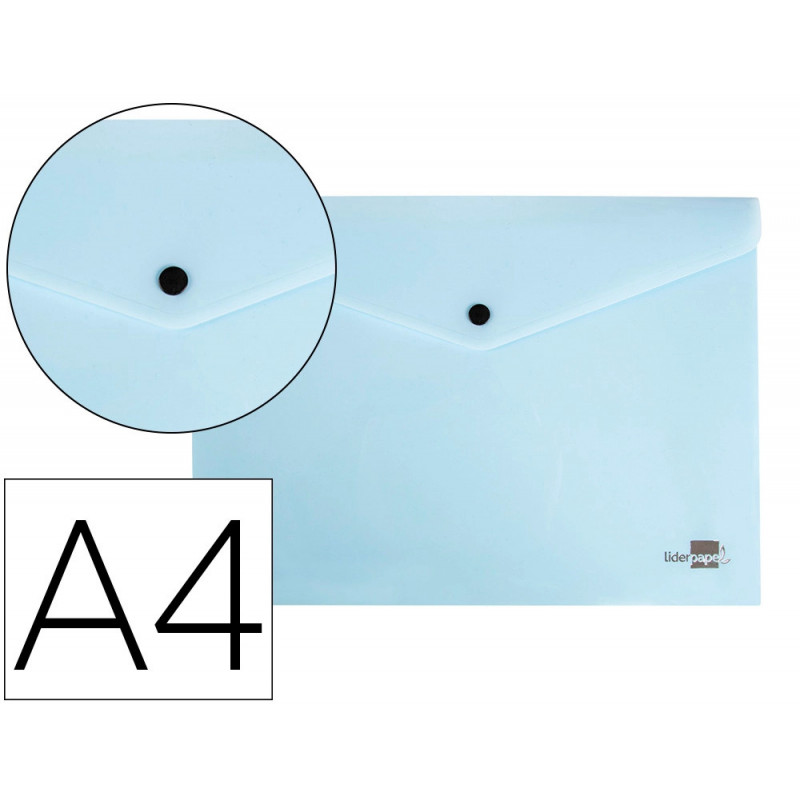 Pochette enveloppe liderpapel polypropylene 180 microns a4 97x210mm 50f fermeture bouton bleu ciel opaque