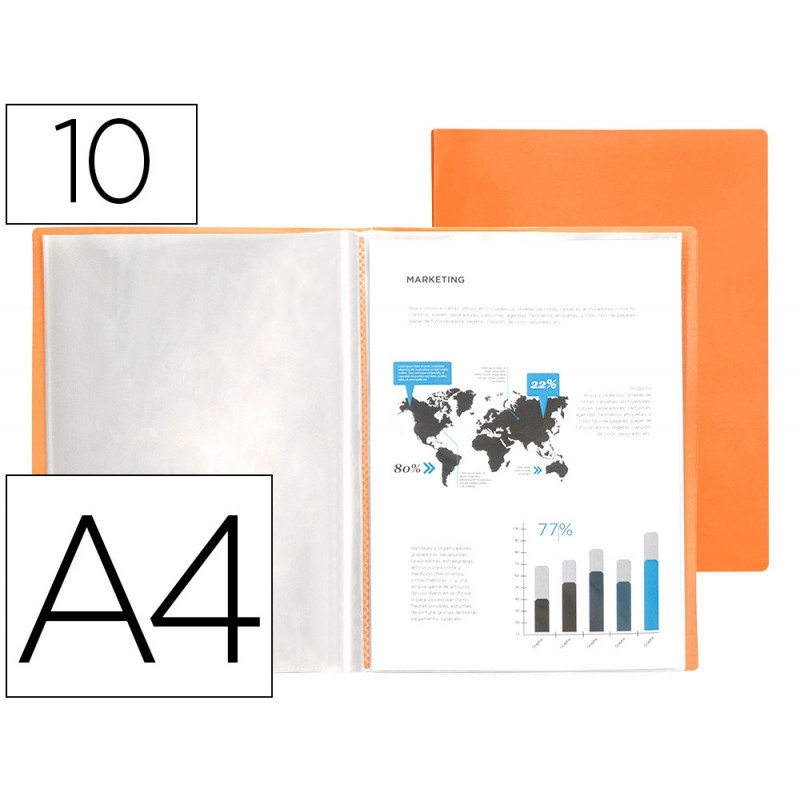 Protege-documents liderpapel polypropylene couverture flexible 10 pochettes fixes a4 210x297mm orange fluo