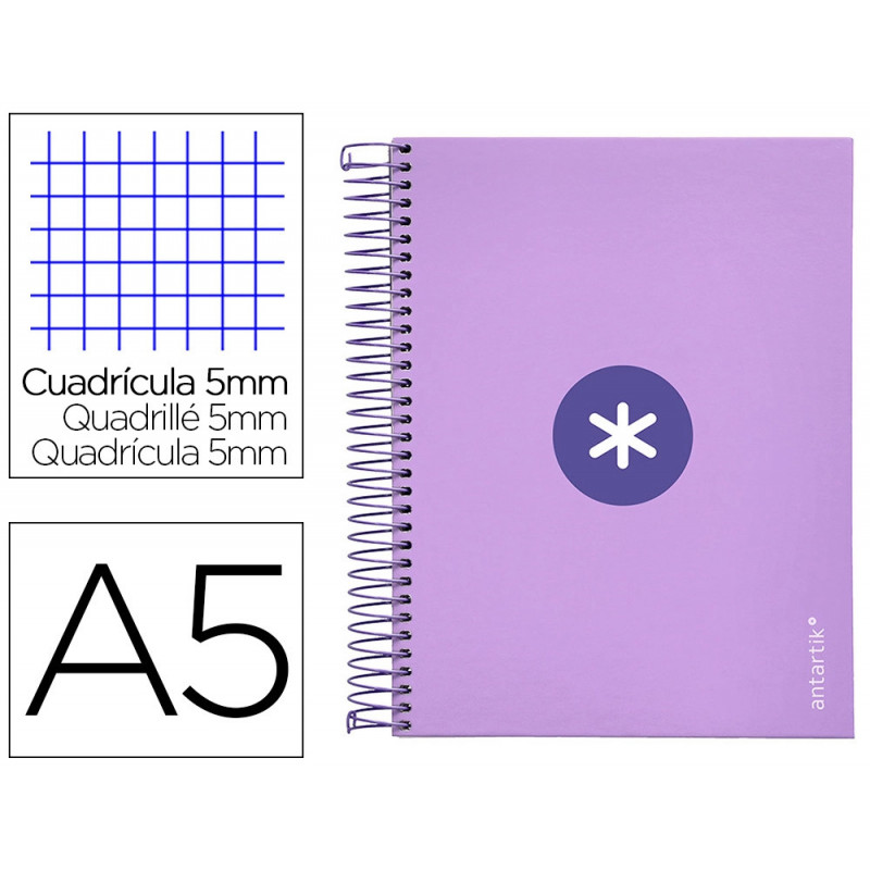 Cahier spirale antartik a5 14,8x21cm 240p 90g/m2 quadrillage 5mm 6 trous coil-lock coloris lavande