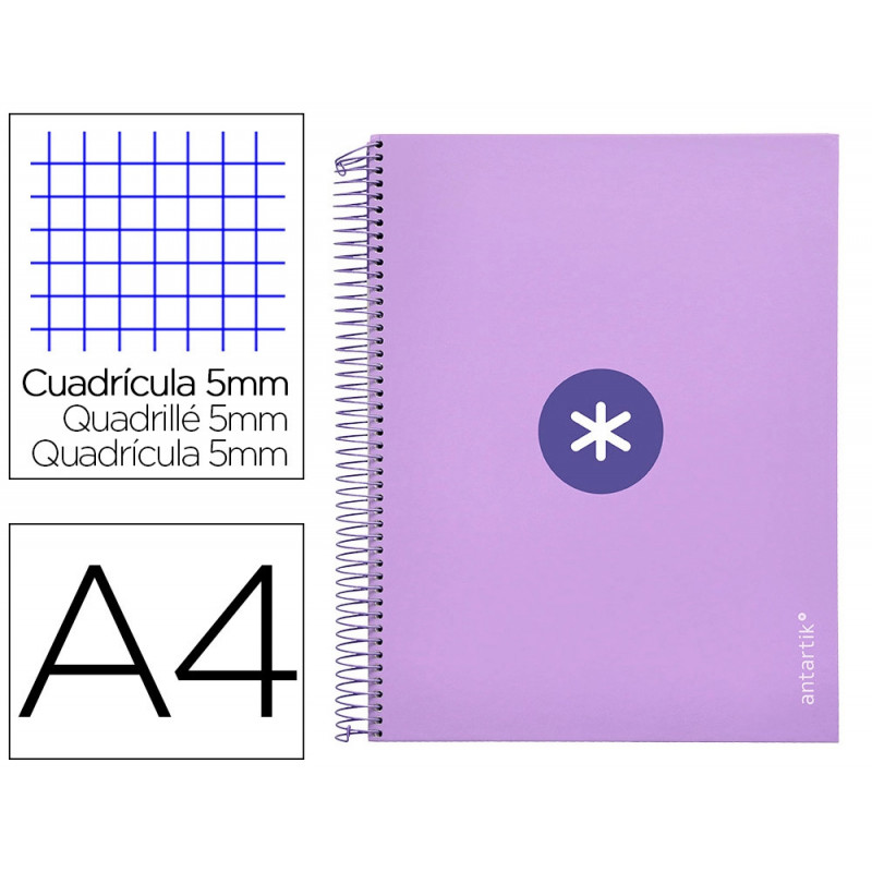 Cahier spirale antartik a4 240p 90g remborde quadrillage 5mm microperfore 5 bandes 4 trous coloris lavande
