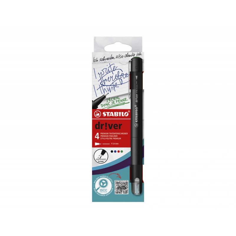 Stylo-feutre stabilo driver pointe fine trait 0,4mm coloris assortis etui carton 4 unites