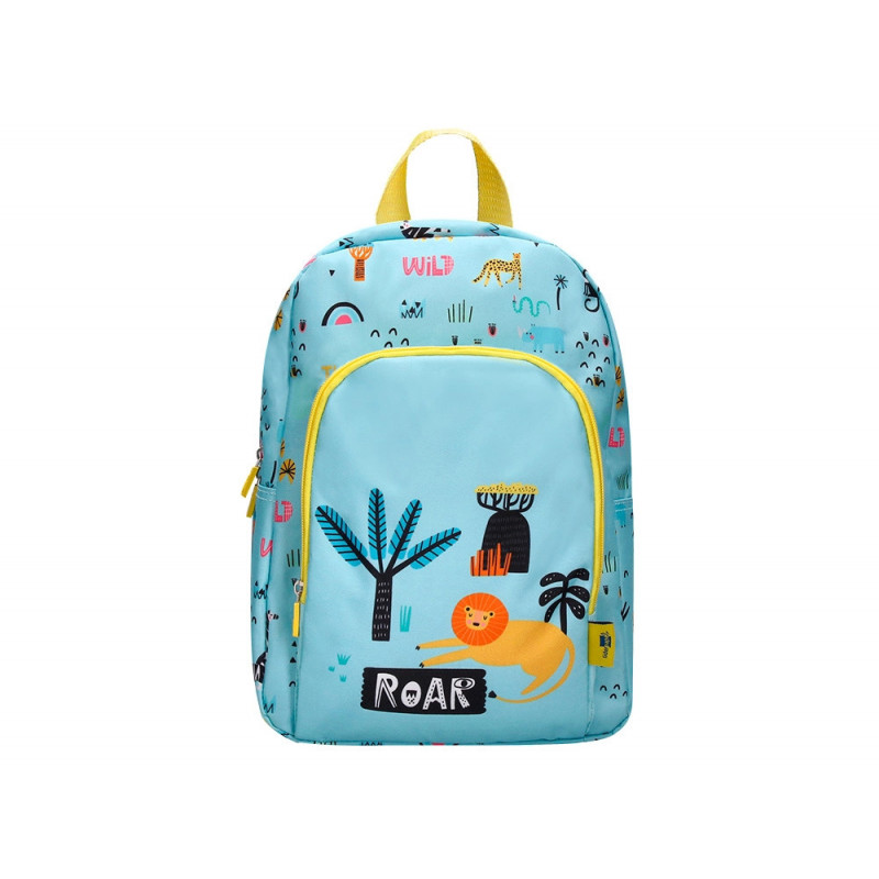 Sac a dos liderpapel baby safari motif lion 330x100x250mm coloris bleu pastel