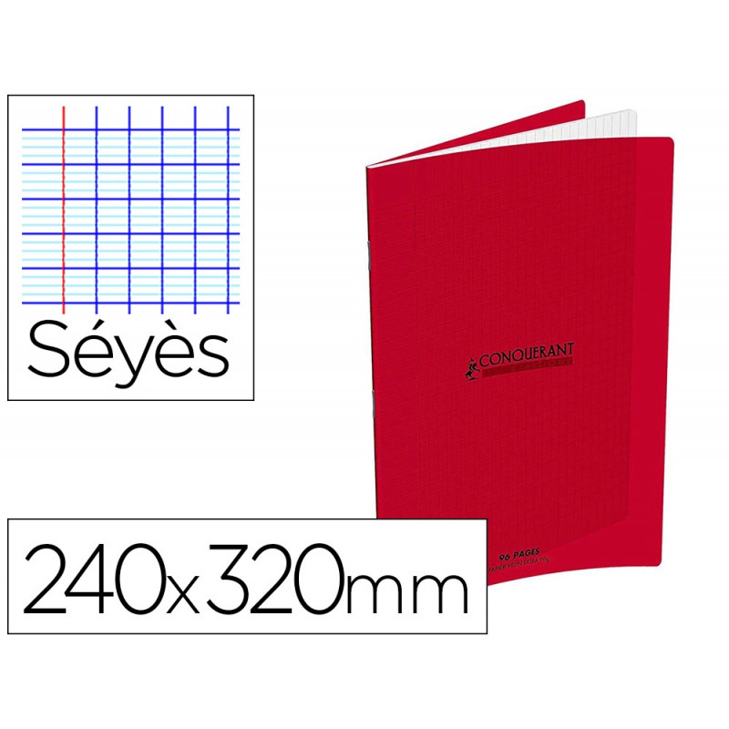 Cahier conquerant classique agrafe 240x320mm 96 pages seyes 90g couverture carte recyclee coloris rouge