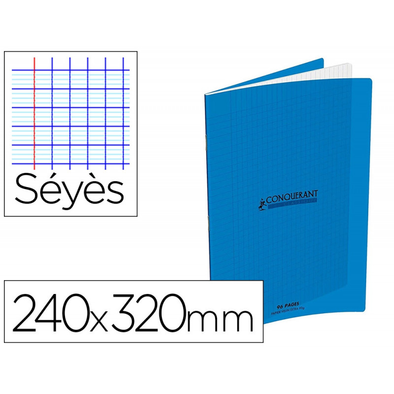 Cahier conquerant classique agrafe 240x320mm 96 pages seyes 90g couverture carte recyclee coloris bleu
