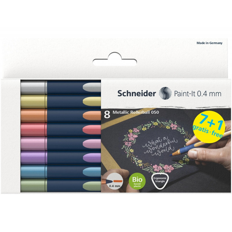 Pochette schneider roller metallique paint it 050 trait 0,4 mm pointe ultra smooth 8 coloris assorti