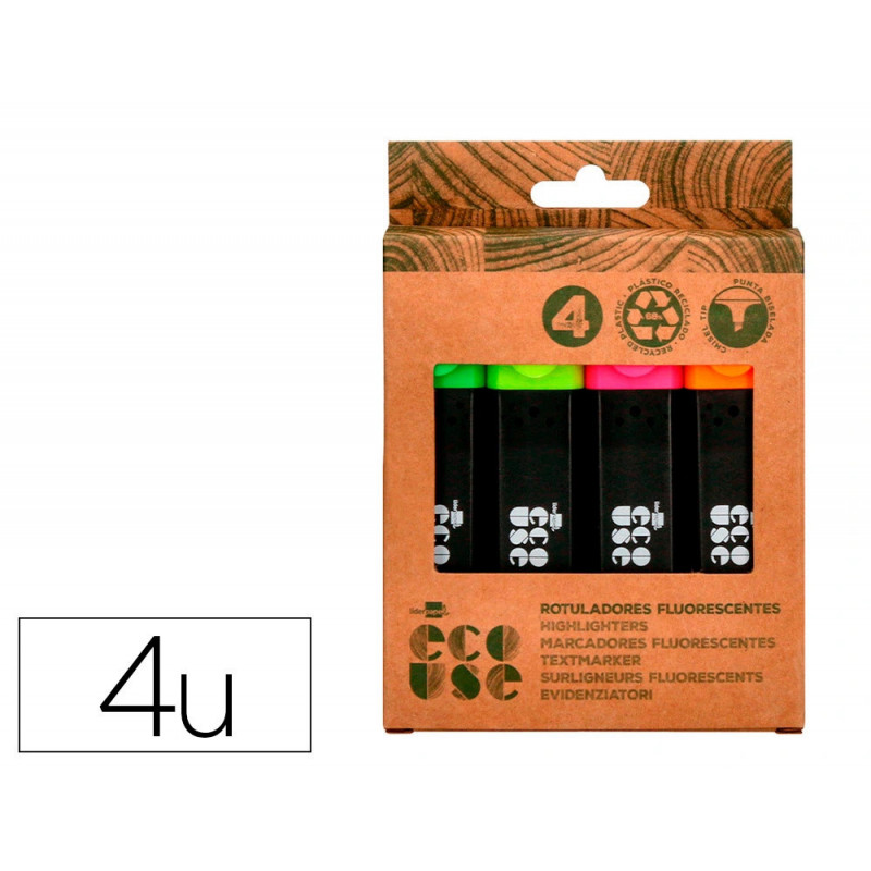 Surligneur liderpapel ecouse fluorescent fabrique 68% plastique recycle boite de 4 un coloris assortis