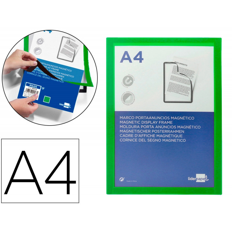 Cadre affichage liderpapel mural magnetique a4 dos adhesif repositionnable coloris vert