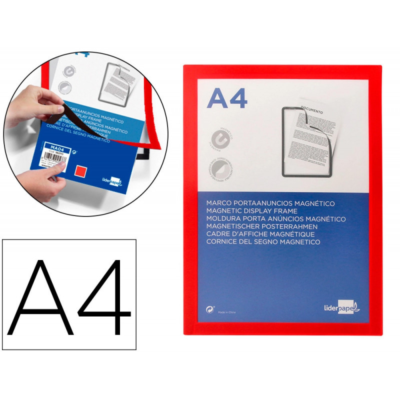 Cadre affichage liderpapel mural magnetique a4 dos adhesif repositionnable coloris rouge