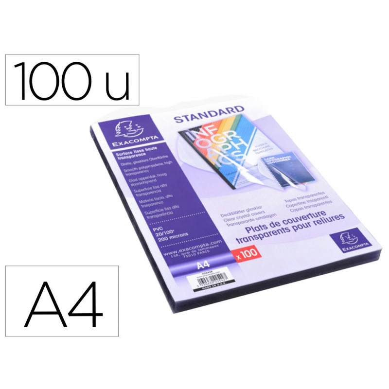 Couverture plastique exacompta pvc a4 pour reliure a ouverture a plat cristal 20/100e paquet de 100 unites