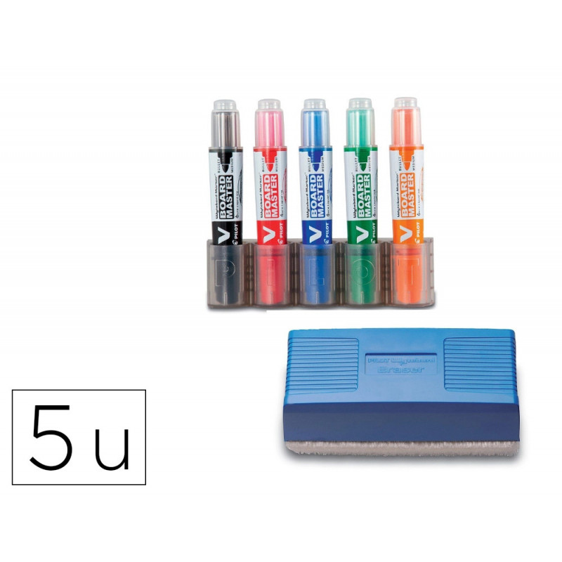 Kit 5 marqueurs pilot v-board master recycle pointe ogive large 6 mm avec 1 support et 1 brosse