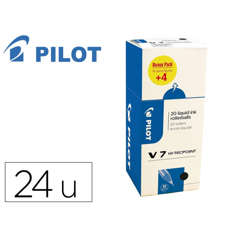Pack roller pilot v7 pointe aiguille 0.7 mm avec regulateur d encre 16 + 4 offerts coloris noir