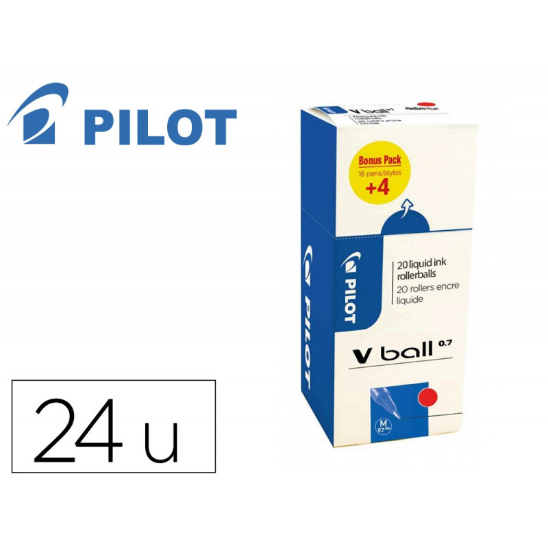 Pack roller pilot v-ball pointe conique 0.7 mm avec regulateur d encre 16 + 4 offerts coloris rouge