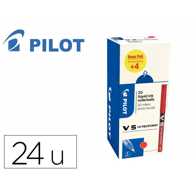 Pack roller pilot v5 pointe aiguille 0.5 mm avec regulateur d encre 16 + 4 offerts coloris rouge