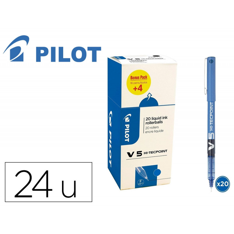 Pack roller pilot v5 pointe aiguille 0.5 mm avec regulateur d encre 16 + 4 offerts coloris bleu