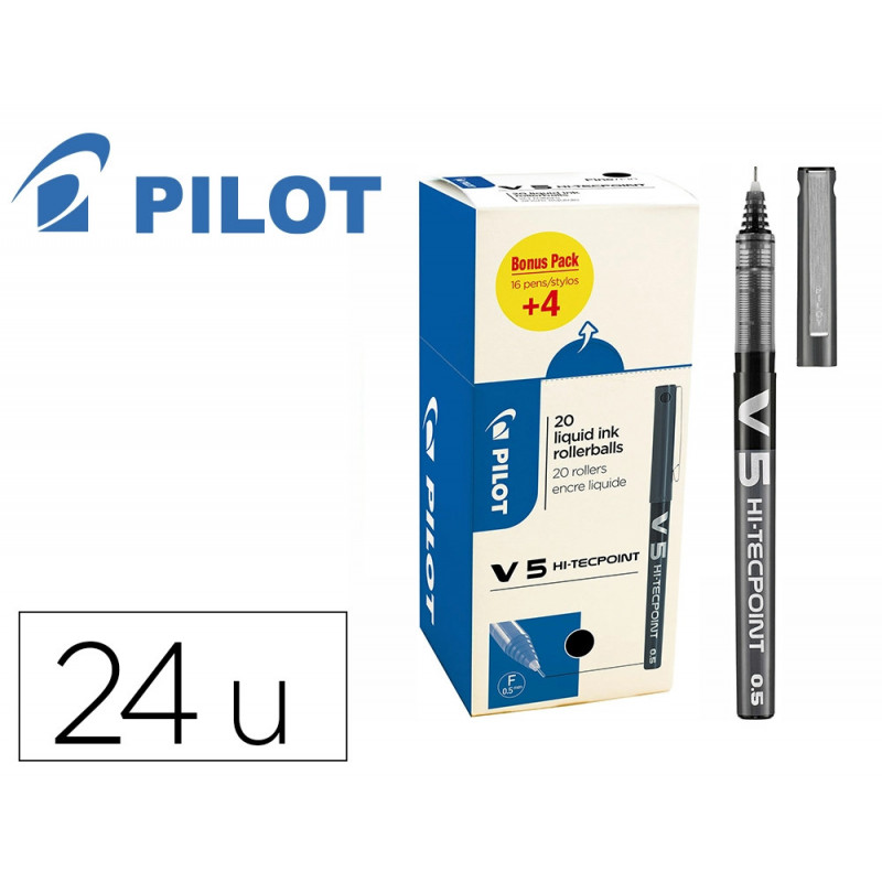 Pack roller pilot v5 pointe aiguille 0.5 mm avec regulateur d encre 16 + 4 offerts coloris noir