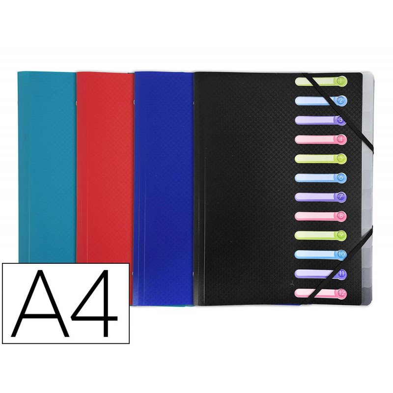 Trieur exacompta 3 rabats polypro a4 avec elastiques et fenetres 12 compartiments coloris assortis