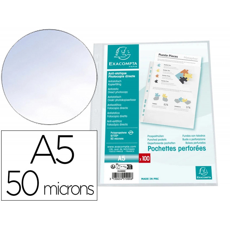 Pochettes exacompta perforees format ecolier a5 pp graine 7 trous 50 microns 16x21 cm lot de 100 unites