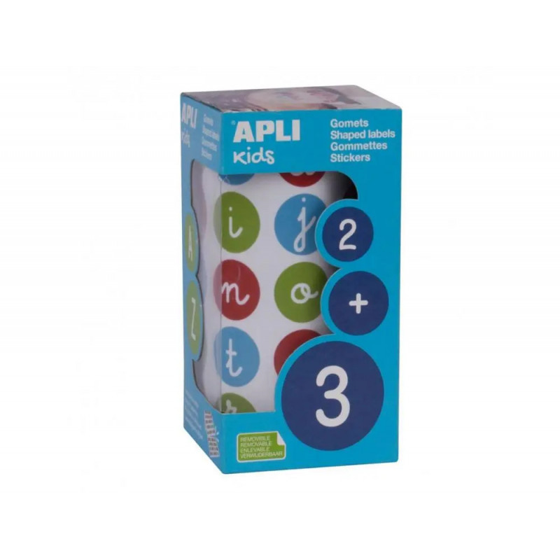Gommette apli lettres minuscules 20mm coloris assortis rouleau 900 unites