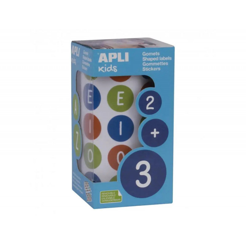 Gommette apli voyelles majuscules 20mm coloris assortis rouleau 900 unites