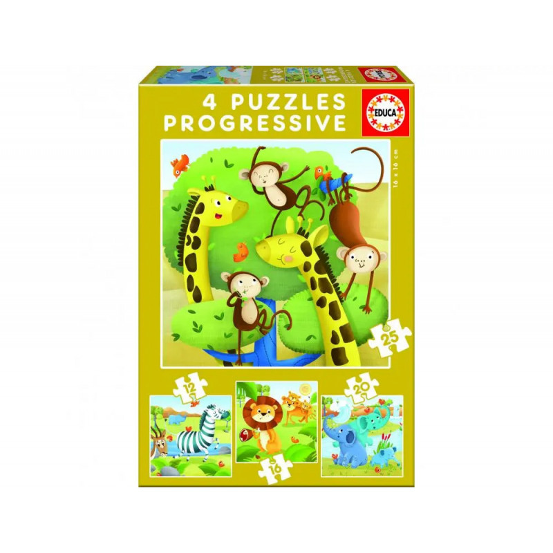 Puzzles progressifs educa les animaux sauvages en carton epais 4 puzzles 12 16 20 et 25 pieces