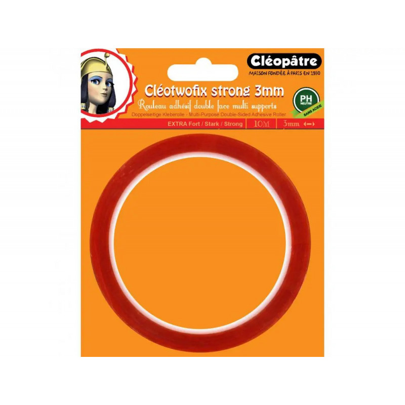 Adhesif cleopatre cleotwofix double face extra fort multi supports ph neutre rouleau de 3mmx10m