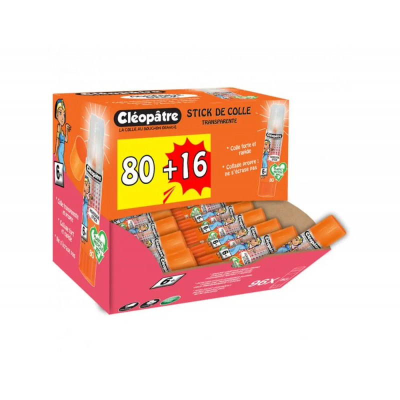 Colle transparente cleopatre repositionnable sans solvant lavable des 30 baton de 8g boite de 96 unites