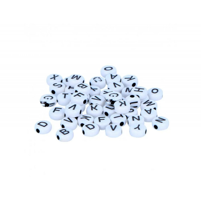 Perle plastique innspiro forme ronde plate 6mm imprimee alphabet noir sur fond blanc lot de 300 perles