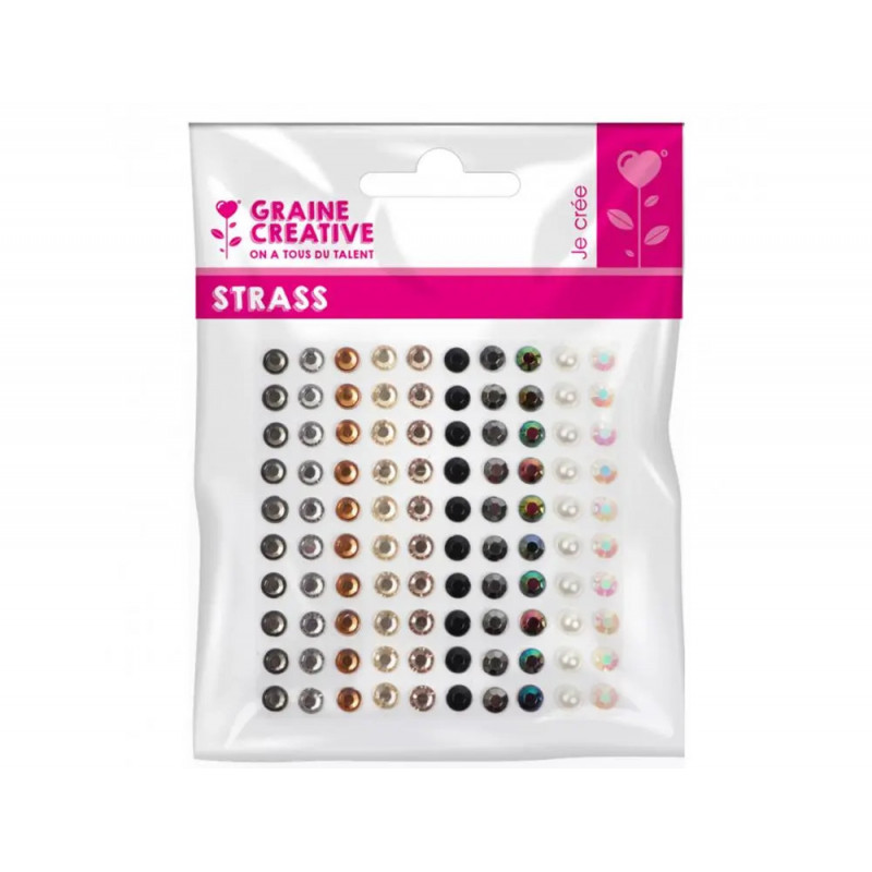 Planche assortiment de strass adhesif graine creative 100 strass coloris noir et perle assortis