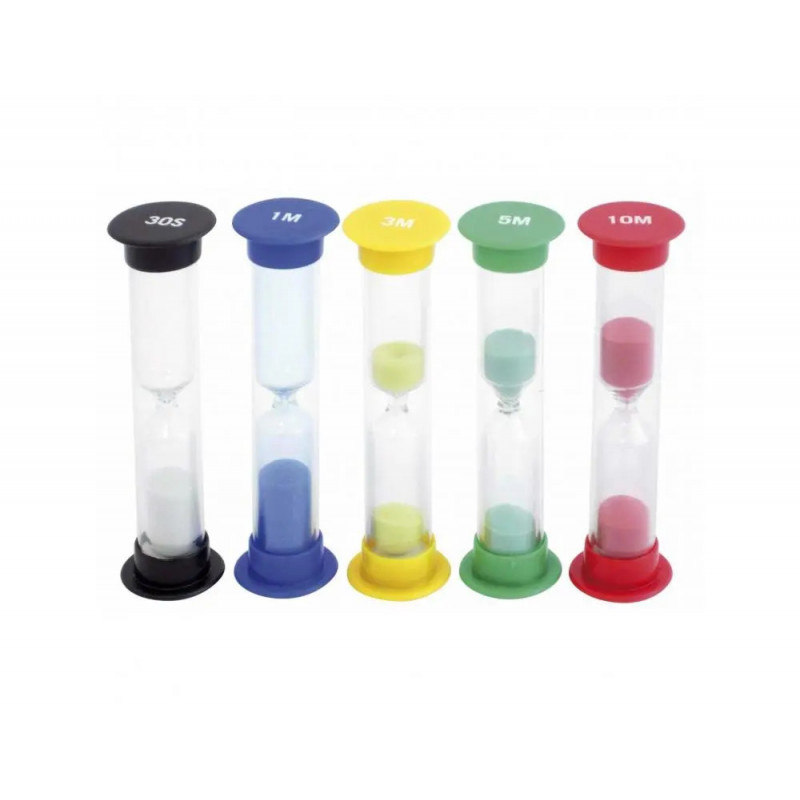 Mesure du temps eduplay sabliers couleur de sable et duree diffrente lot de 5 coloris assortis