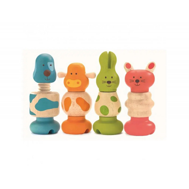 Vis animo djeco reconstitution de 4 animaux en bois compose de 3 pieces chacun coloris assortis