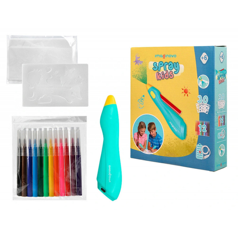 Aerographe imaginovo pour enfants rechargeable avec usb contenant 30 pochoirs et 12 marqueurs coloris assortis