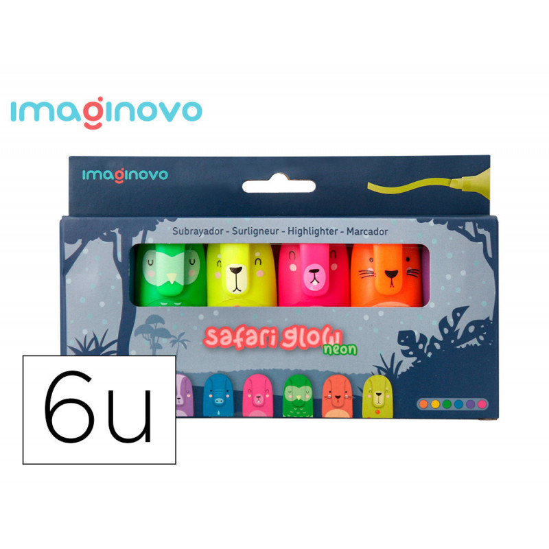 Marqueur imaginovo fluorescent safari neon animaux boite de 6 unites assorties
