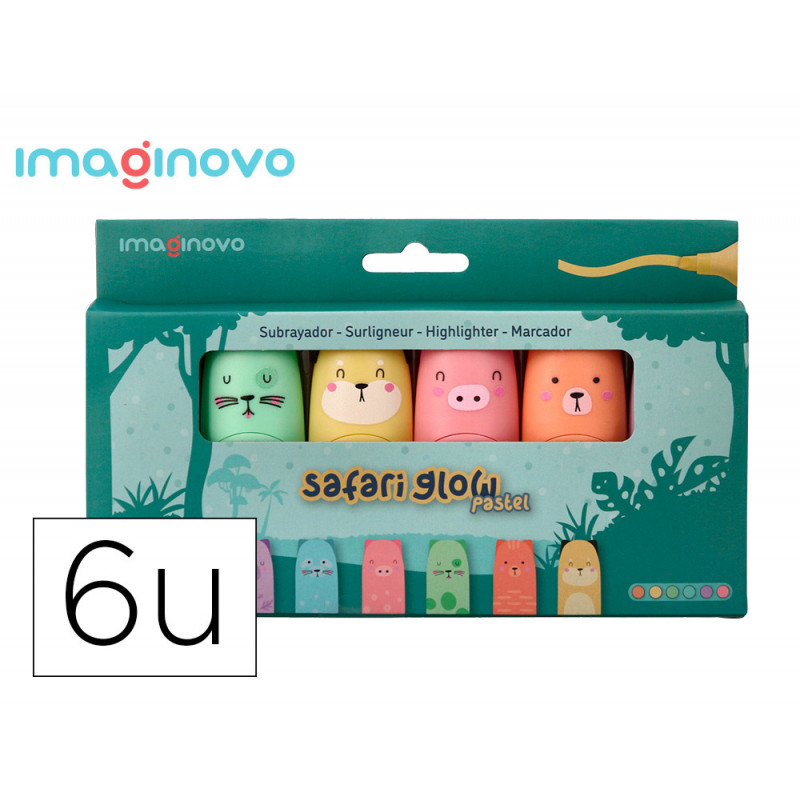 Marqueur imaginovo fluorescent safari glow pastel animaux boite de 6 unites assorties