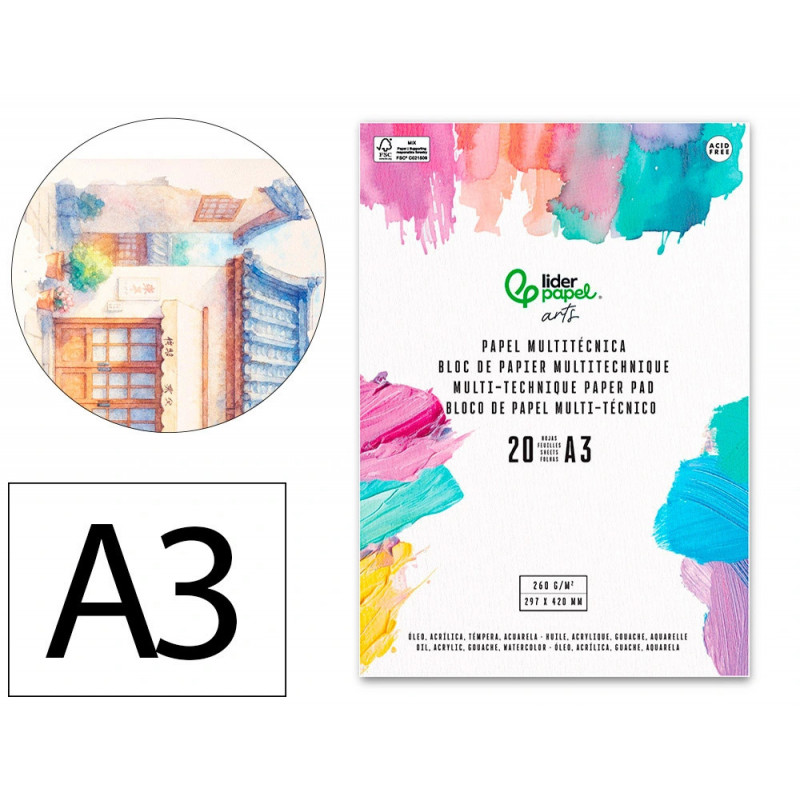 Bloc de papier multi-techniques liderpapel format a3 pour acrylique huile et gouache 20 feuilles